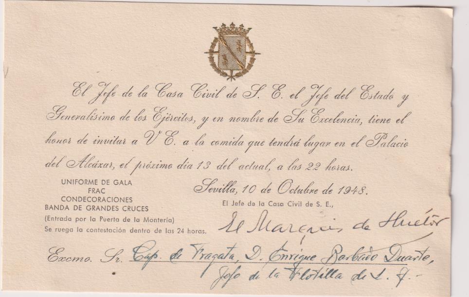 Tarjeta Invitación a la Comida en el Palacio del Alcázar, Sevilla 10 de Oct. de 1948