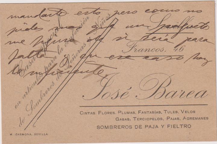 José Barea. Sombreros de Señoras y Niños. Francos, 46. Sevilla