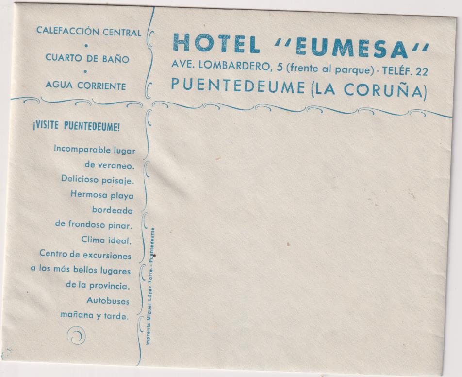Sobre y Papel con Membrete. Hotel Eumesa. Pontedeume (la Coruña) SIN USAR