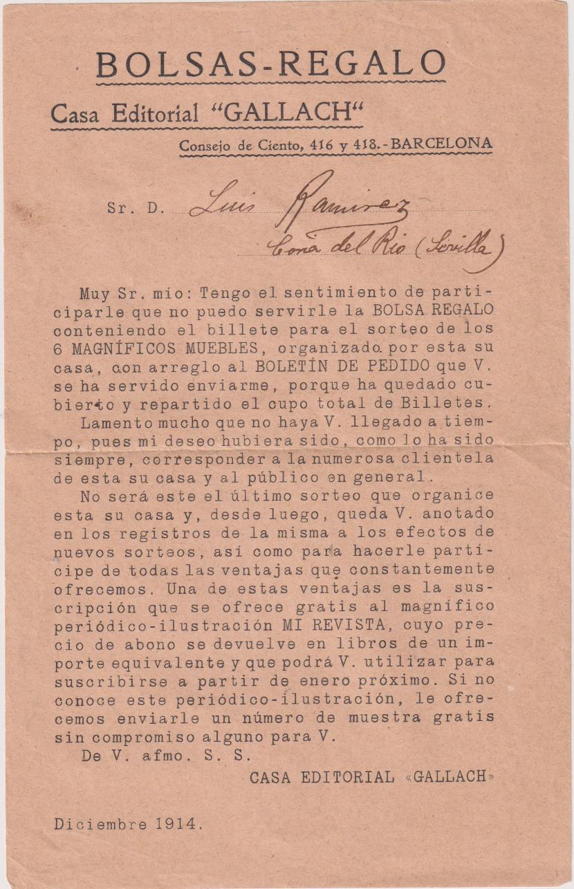 Respuesta de la Editorial Gallach (Barcelona) Sobre las Bolsas de Regalo en 1914