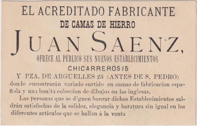 Cromo-Tarjeta. Fábrica de Camas de Hierro. Juan Saenz. Sevilla. Siglo XIX