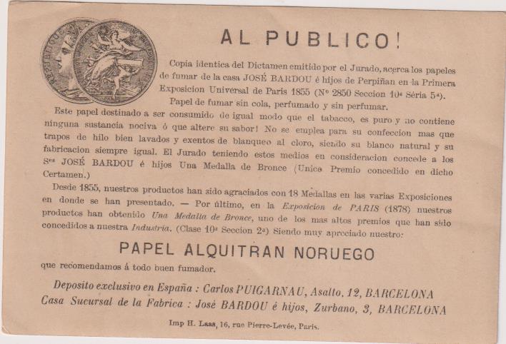 Tarjeta. Publicidad de Papel de fumar (Alquitrán Noruego) José Bardpou. Siglo XIX