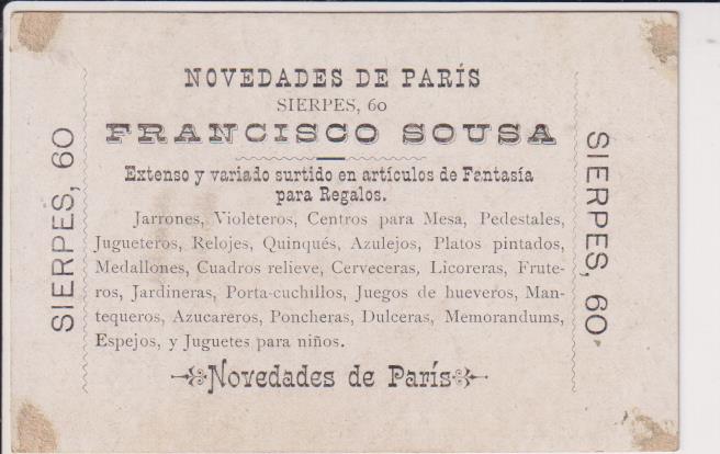 Cromo Tarjeta (10,5x6,5) Novedades de Paris. Francisco Sousa. Siglo XIX
