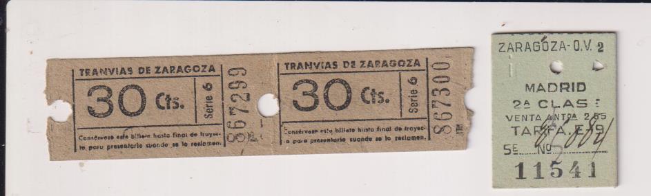 Zaragoza: 2 Billetes de Tranvía (30 Cts.) y Billete de Tren, Madrid Zaragoza (2,65)