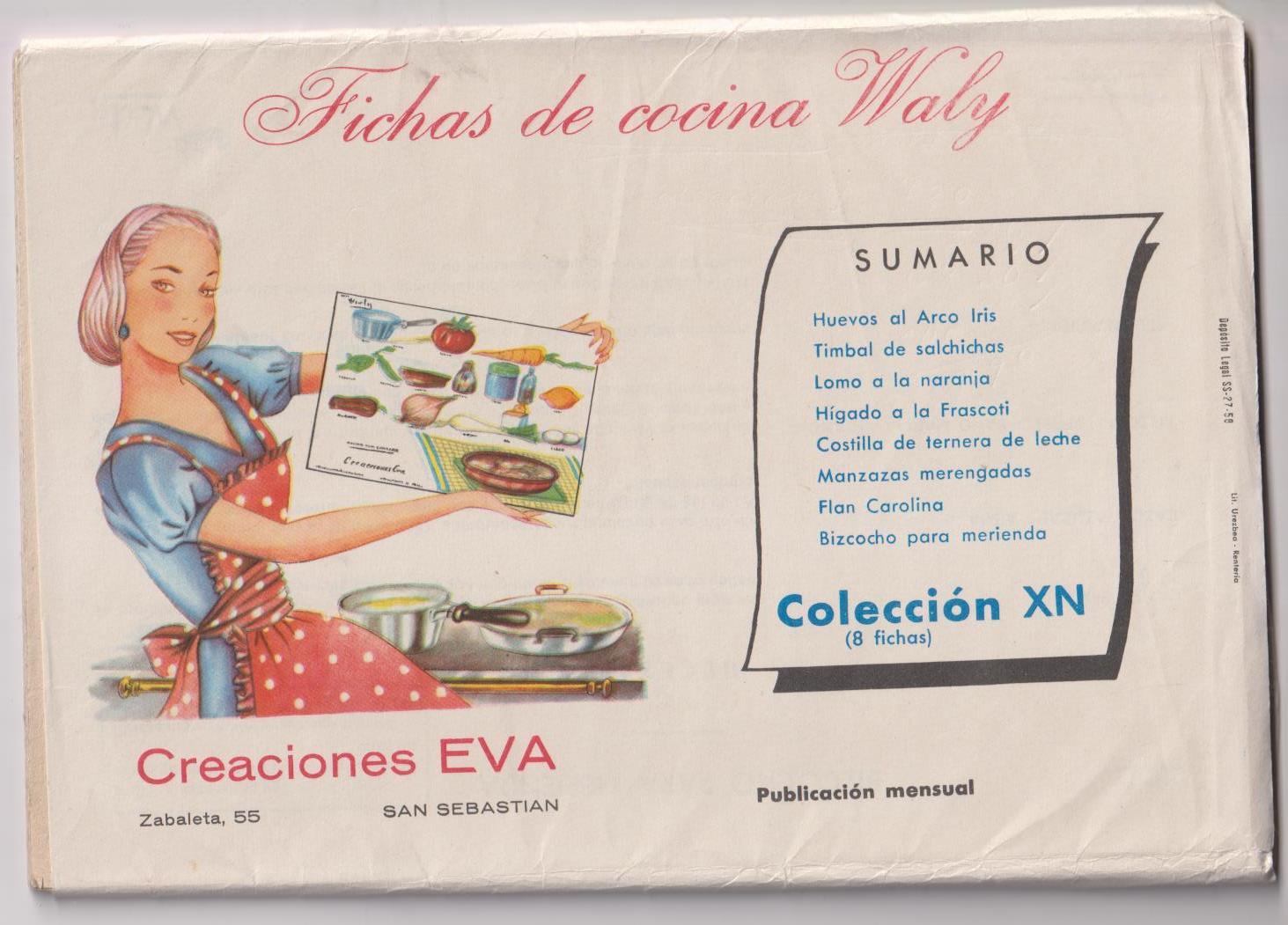 Fichas de Cocina Waly. Creaciones Eva. Colección XN. 8 fichas. Año 1958
