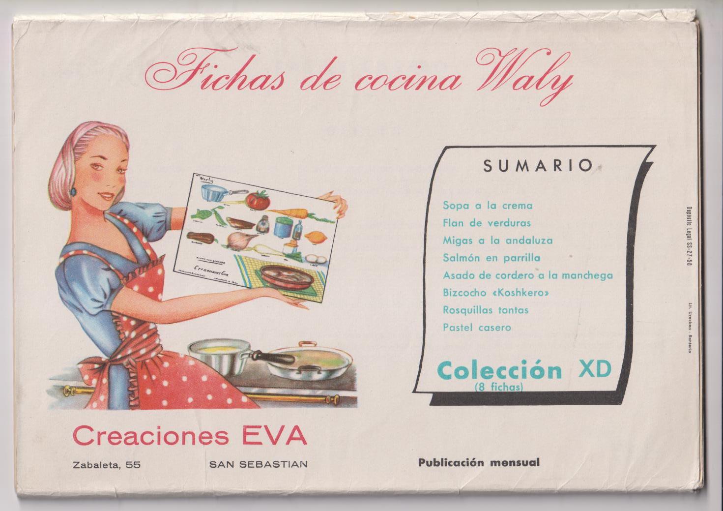 Fichas de Cocina Waly. Creaciones Eva. Colección XD. 8 fichas. Año 1958