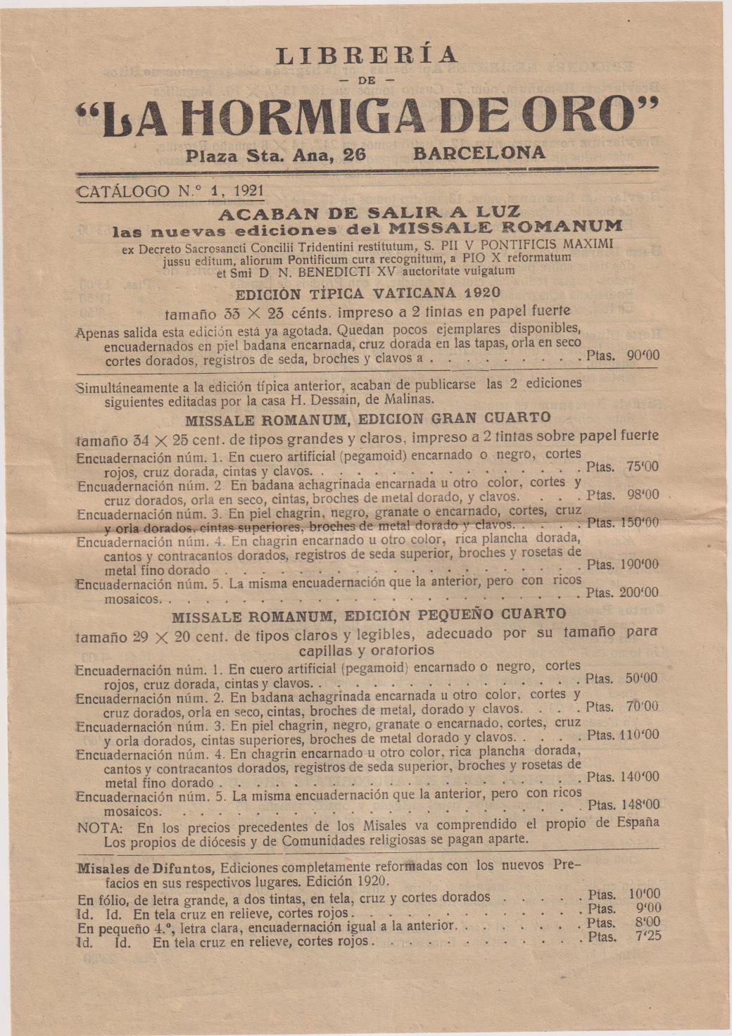 Librería La Hormiga de Oro. Catálogo nº 1. Año 1921