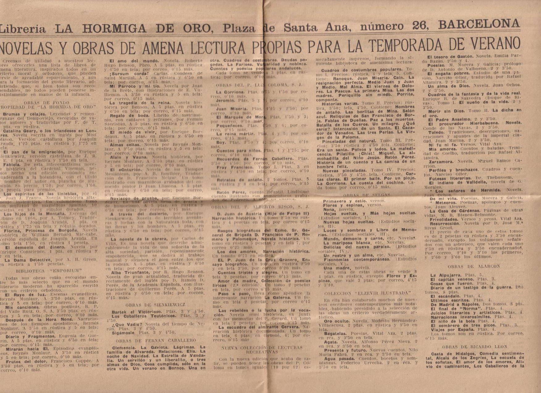 Librería La Hormiga de Oro. Novelas y Obras de lectura amena. Temporada de Verano (1920)