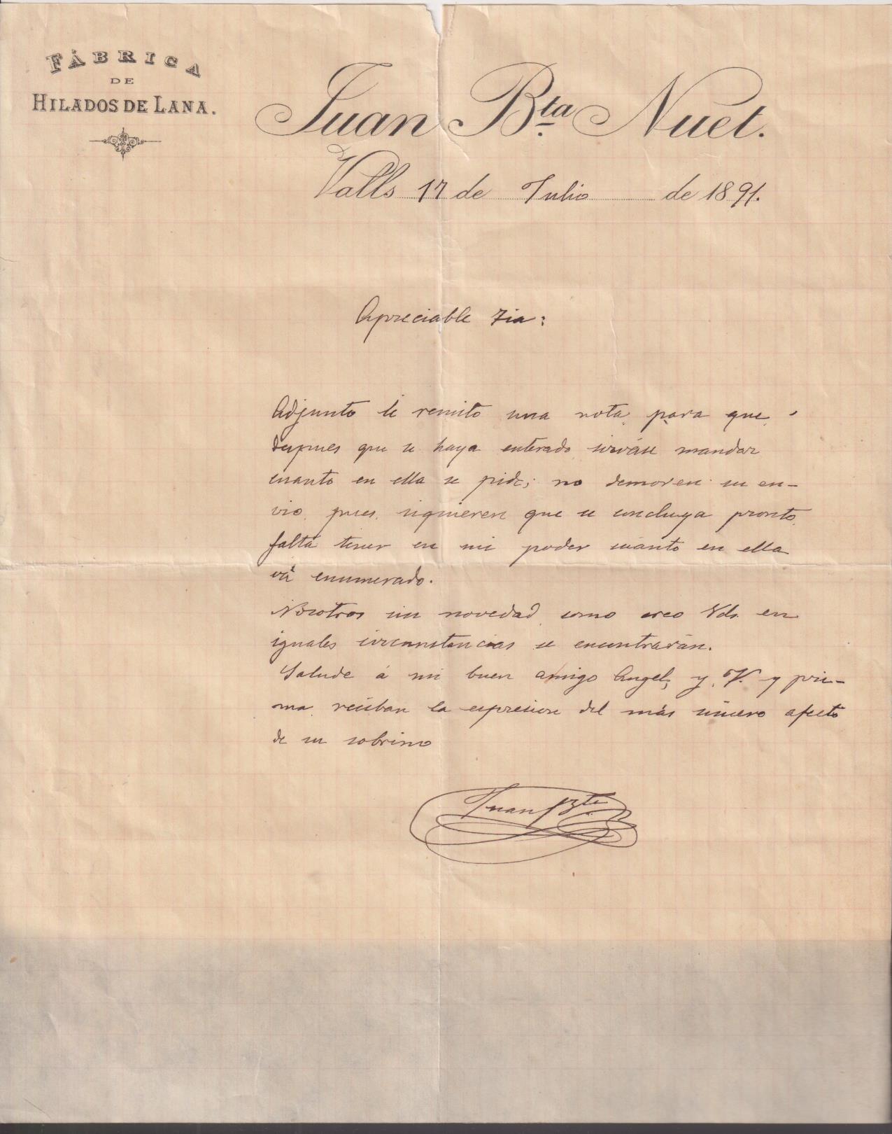Juan Bta. Nuel. Fábrica de Hilados de lana. Carta de Pedido. Valls 17 julio 1891