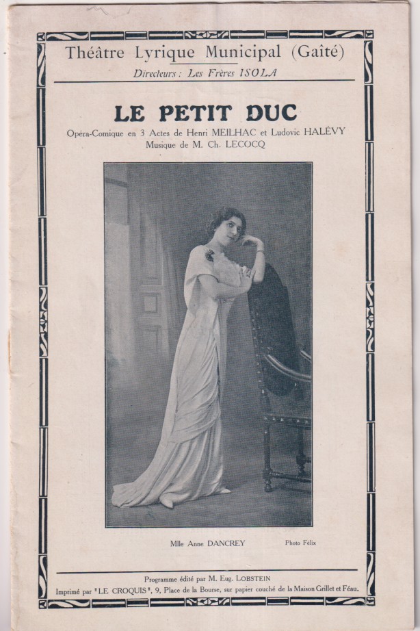 Le petit Duc. Ópera Cómica. Théatre Lyrique Municipal (Gaité) Programa Revista (24x15) 20 p.p. Anunciando estreno 6 de enero de 1912 y Publicidad