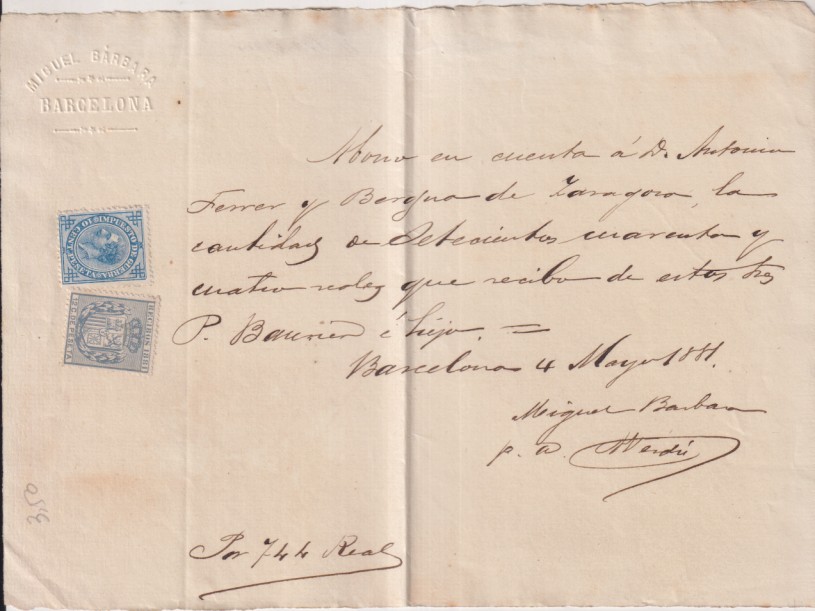 Recibo de abono en cuenta por 744 Reales. Barcelona 4 mayo 1881. con Edifil 184 y Gálvez 45. Los dos bien centrados y sin matar. Bonito documento