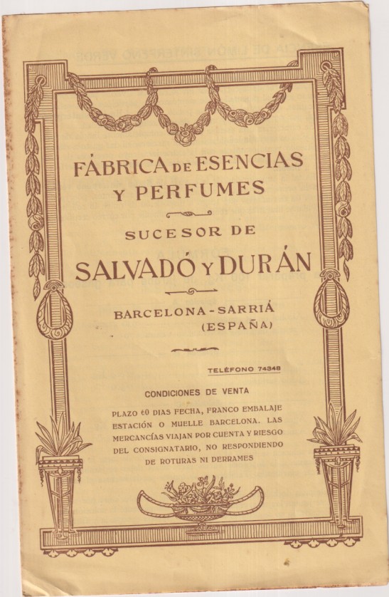 Fabrica de Esencias y perfumes Sucesor de Salvadó y Durán (Perfumistas de Principios de Siglo) Doble hoja con nota de precios