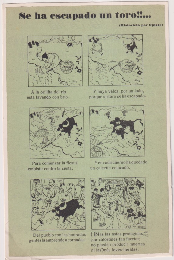 Opisso. Ilustración. Se ha escapado un toro!!... (historieta por Opisso) Hoja 22x14. pegado a una cartulina. (de una revista de 1932?)