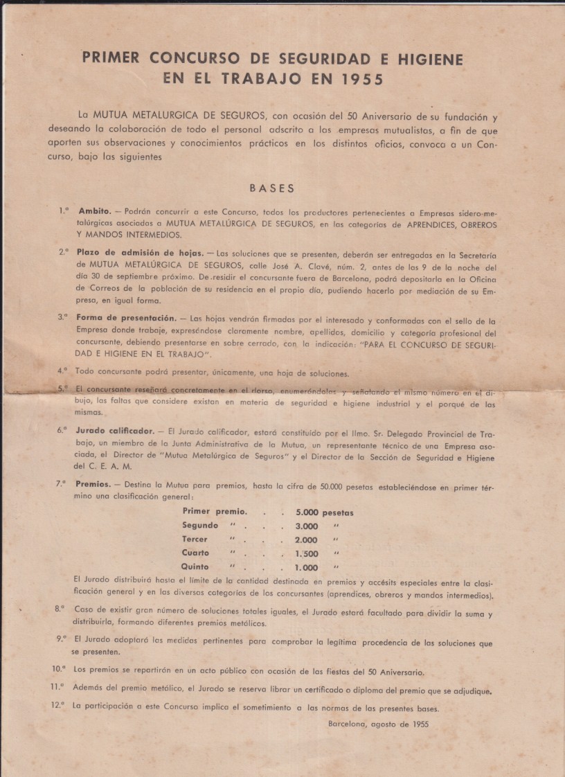 Primer Concurso de Seguridad e higiene en el trabajo en 1955. (30x21,5 c.) Doble hoja con: plazo de admisión, jurado, premios... sin usar