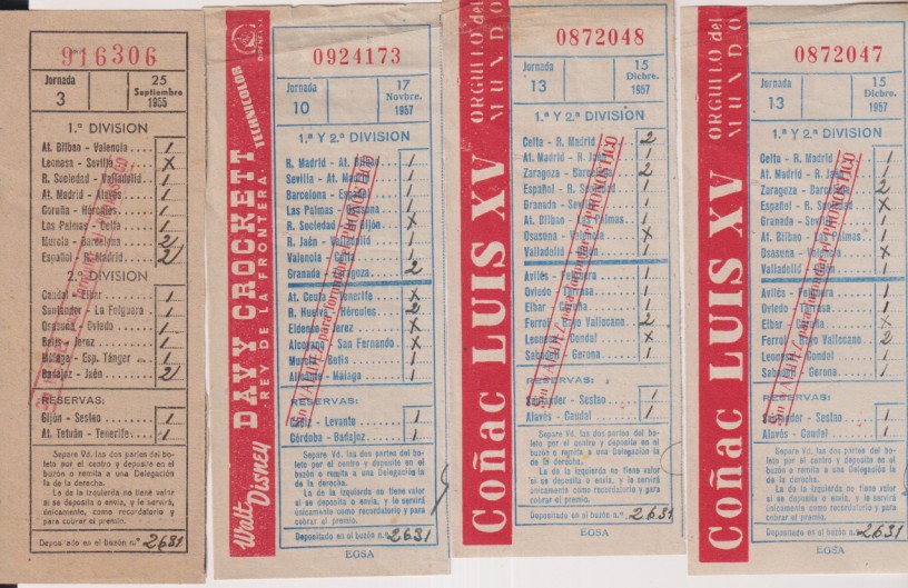 Lote de 4 Resguardos de quiniela: 3ª Jornada 1955