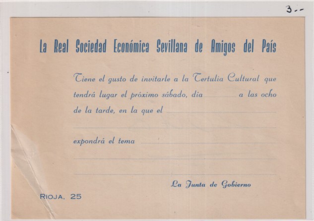 La Real Sociedad Económica Sevillana de Amigos de País. Invitación a la Tertulia Cultural, Sin usar