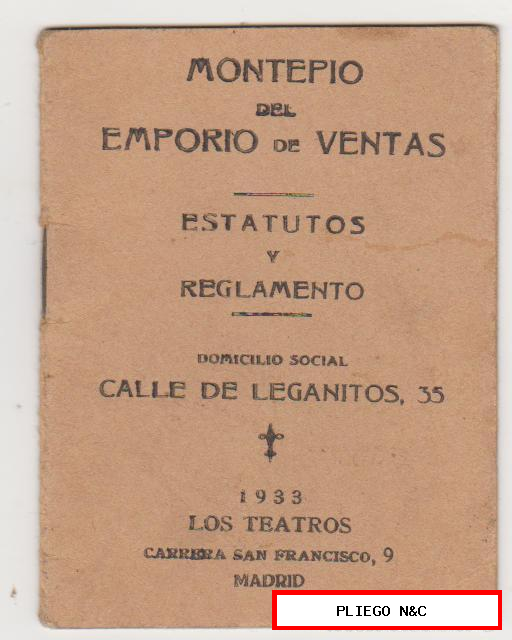 montepío del emporio de ventas. Estatutos y reglamentos. Madrid 1933. (10x7,5) 20 páginas