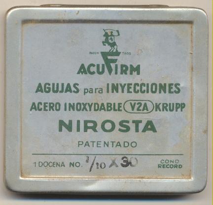 Antigua caja de hojalata de Agujas Acufirm Nirosta. (6,5x76)