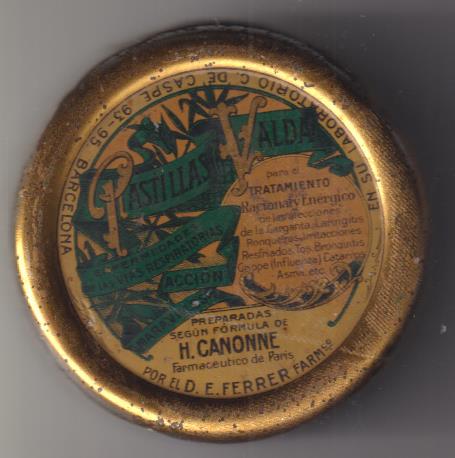 Pastillas Alda. Caja Metálica (7x2,7) Lleva etiquetita: Agosto 1922. Precio Pesetas 1,75