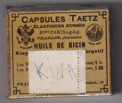 Cajita metálica (60x50x20 mm.) Capsules Taetz. AL dorso etiqueta y precio Farmacia El Globo Sevilla