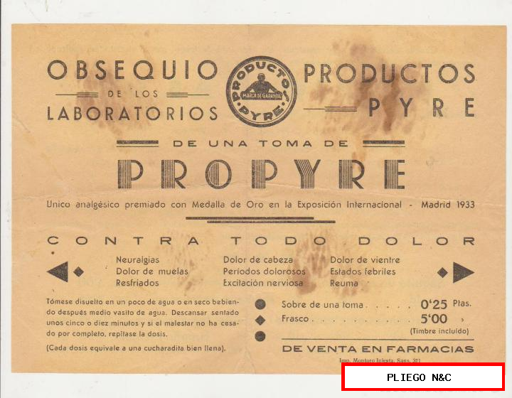 publicidad (15x21) obsequio de productos pyre. Años 30