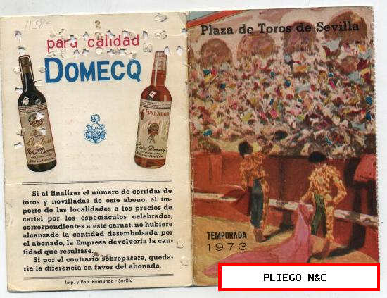 Plaza de Toros de Sevilla. Abono Temporada 1973. Publicidad Domecq