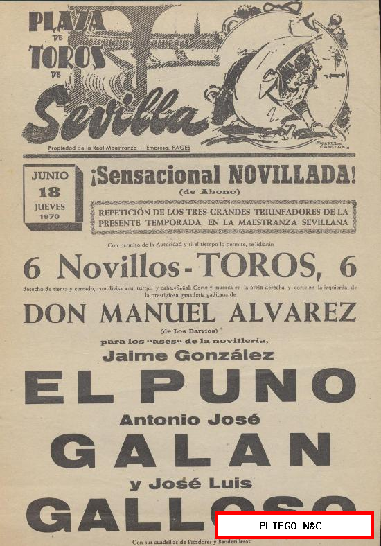 Plaza de Toros de Sevilla. Cartel (45x21) Novillada 18 Junio 1970