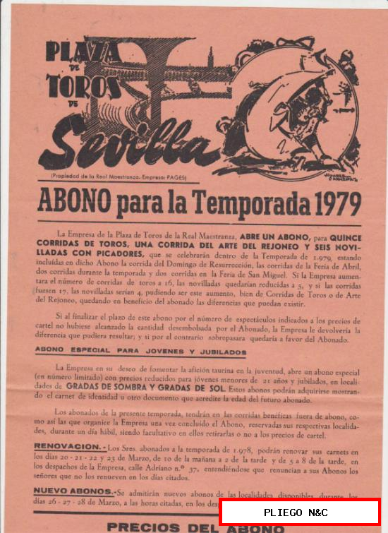 Plaza de Toros de Sevilla. Abono para la temporada 1979. Cartel 43,5x21