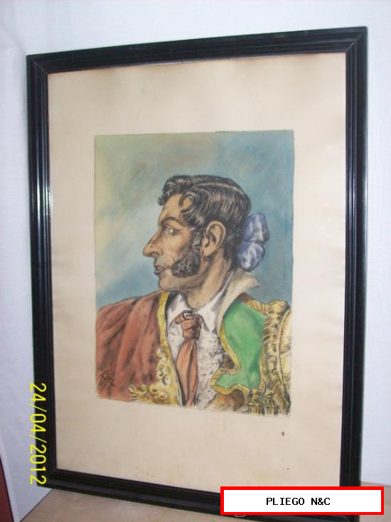 Retrato de Torero por A. Gony. Acuarela enmarcada y con cristal. Medidas de la acuarela 40x30 cm.