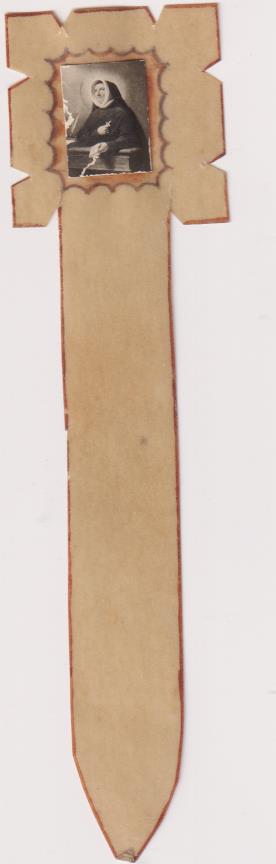 Marcapáginas (14,5 cms) De celuloide con pequeña foto de Monja (beata o santa) Siglo XIX-XX