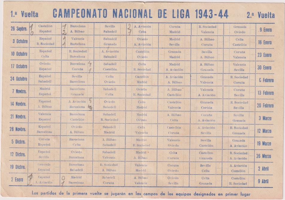 Calendario de Liga 1943-44. Publicidad de Maquinilla eléctrica River