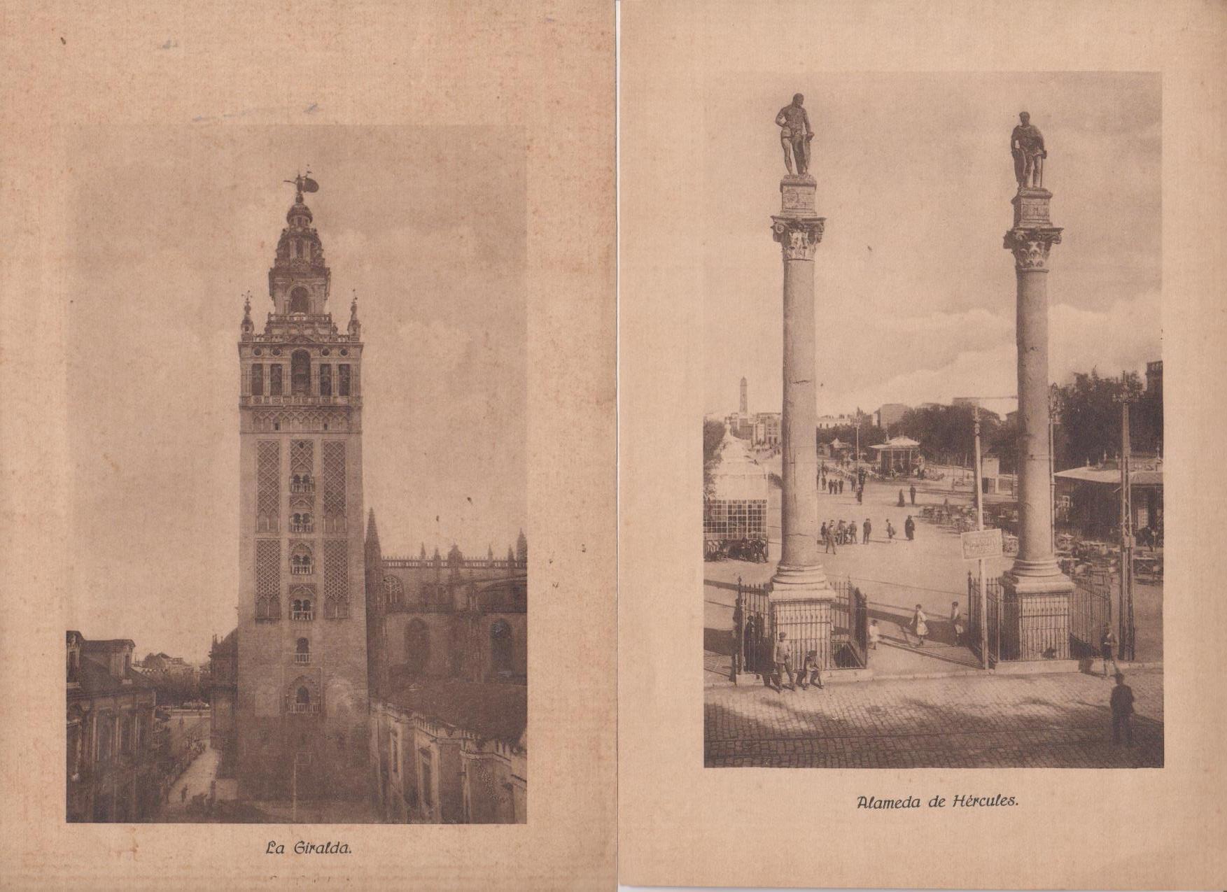 Lote de 2 láminas (22x15,5 cms.) La Giralda y La Alameda de Hércules. Sevilla, 1928