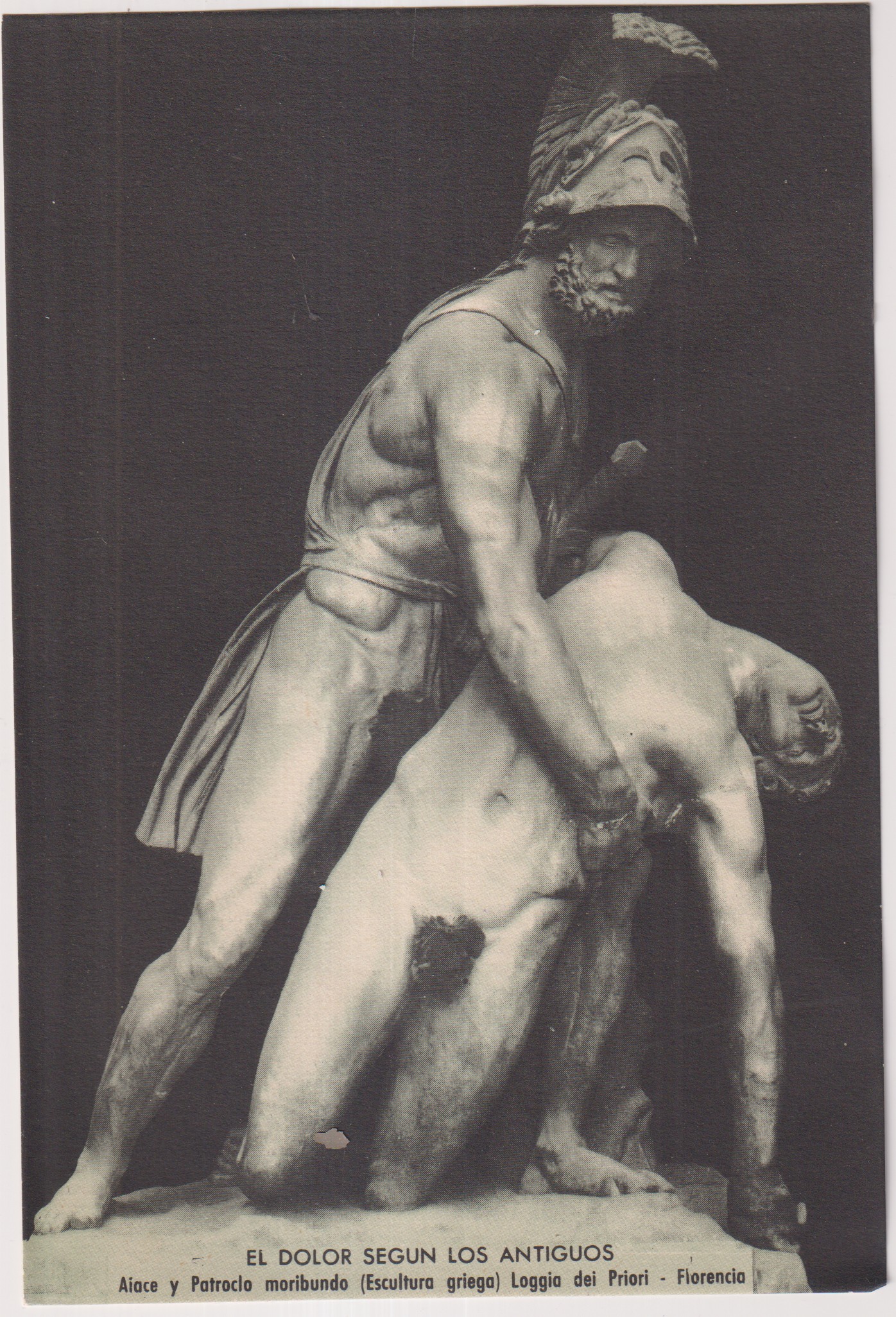 El dolor según los antiguos. Aiace (Áyax) y Patroclo moribundo. Escultura griega. Publicidad de Uromil-Salz. laboratorios Viñas, Barcelona 1953