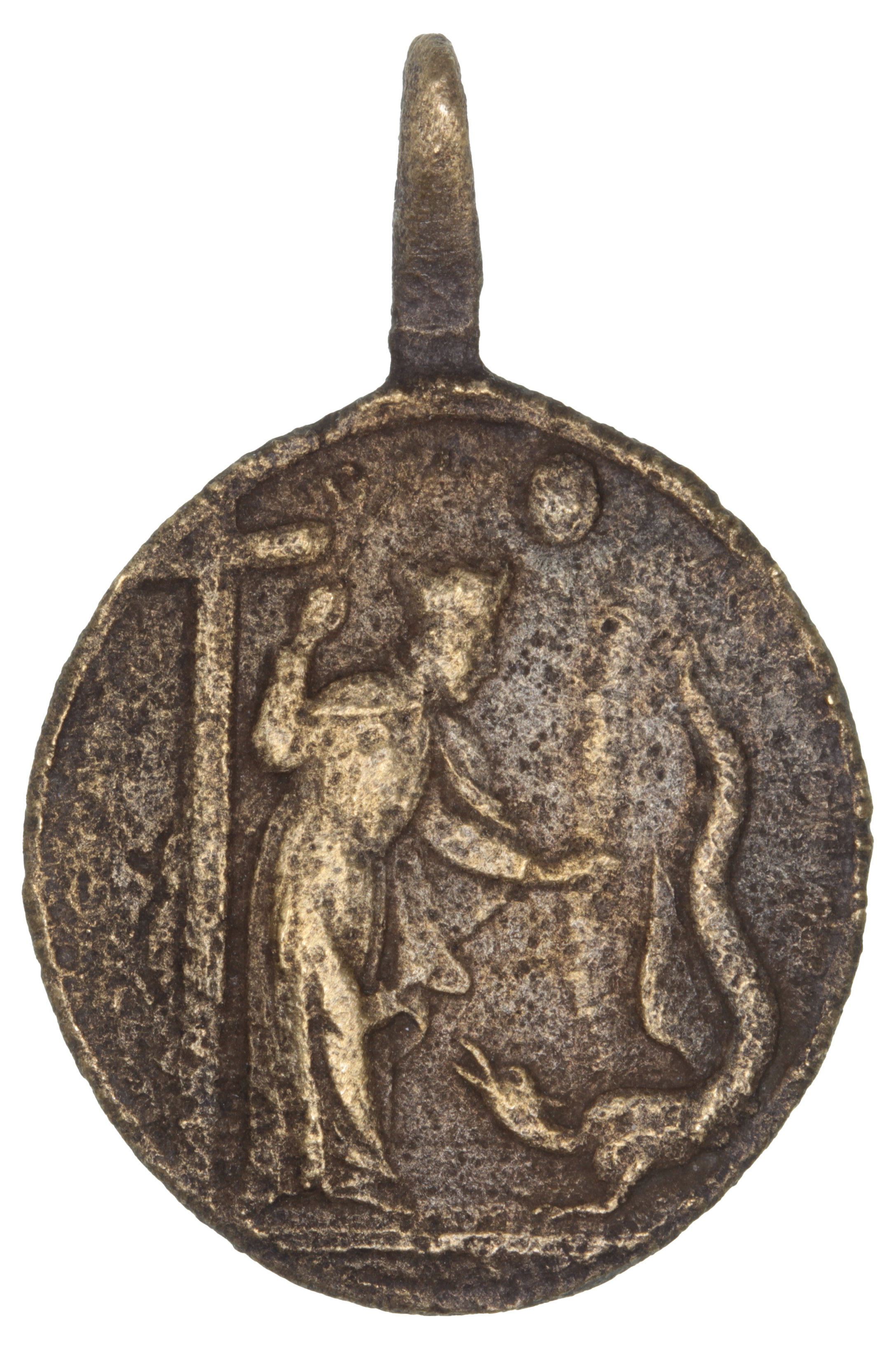 Cruz y personaje de la Iglesia ante un dragón? medalla (AE 25 mms.) R/Jesús y maría. Siglo XVII-XVIII