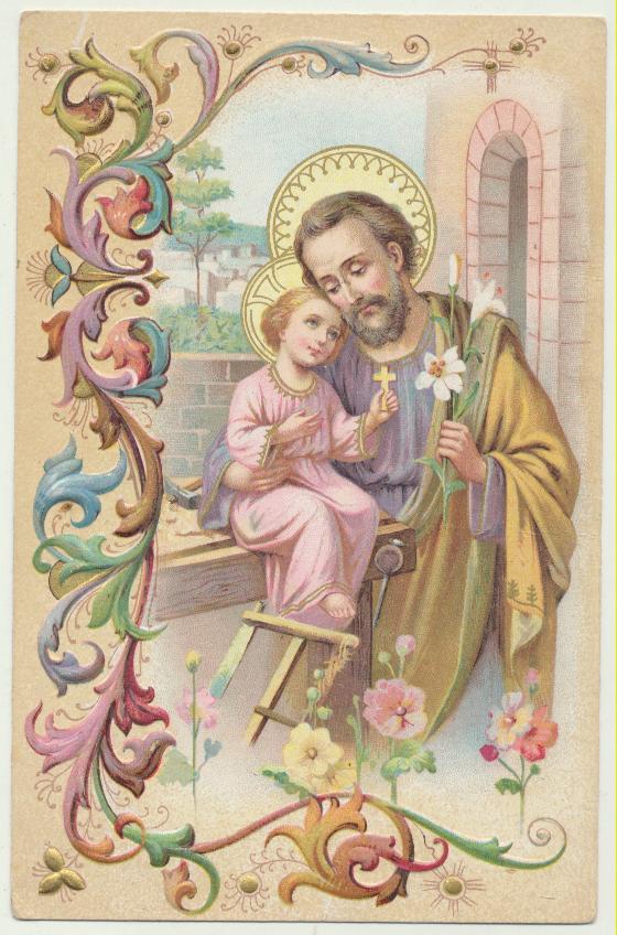Postal Troquelada en relieve. San José y el Niño Jesús. Destino Jumilla p.p. siglo XX