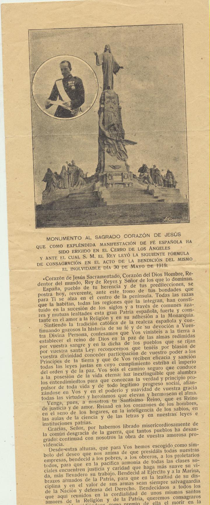 Inauguración del Monumento al Sagrado Corazón de Jesús en el cerro de Los Ángeles. Presidido por el Rey