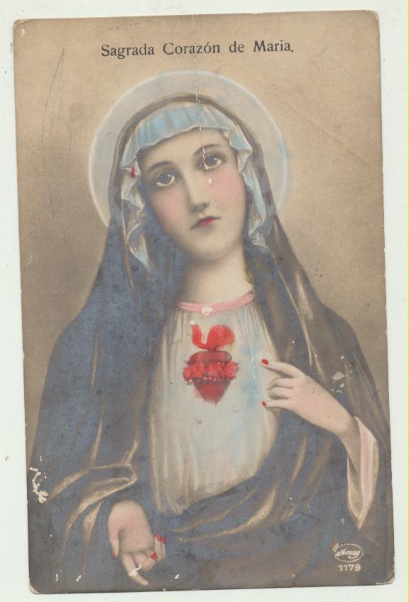 Foto Postal. Sagrado Corazón de María. Coloreada a mano. Destino: Camas 1931