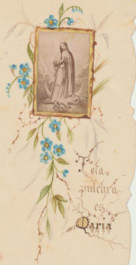 (11,5x5) Inmaculada. Pequeña albumina sobre Estampo escrita y coloreada a mano. Siglo XIX