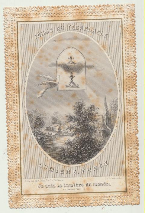 Estampa de puntilla Francesa (11x7, 5) Jesús au Tabernacle. Fechada al dorso en 1885 en español