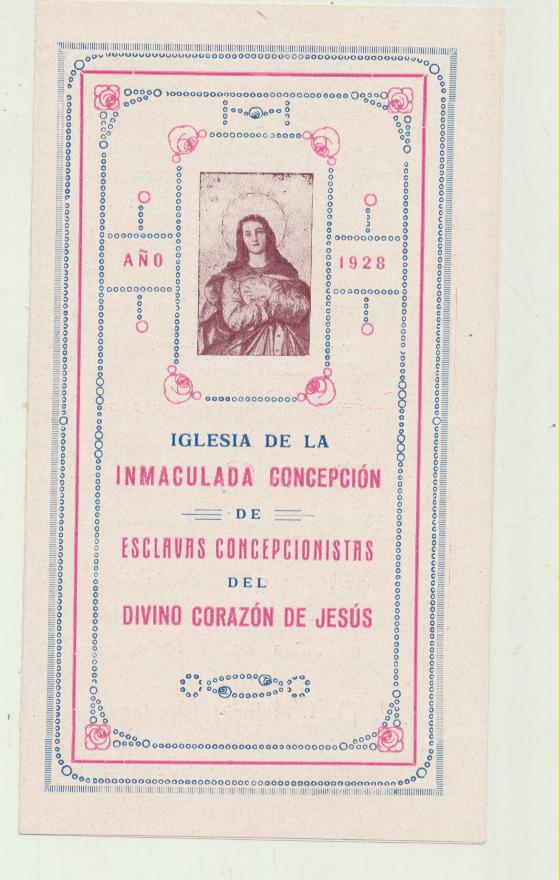 Estampa (14x8) doble hoja. Iglesia de la Inmaculada Concepción de Esclavas Concepcionistas del Divino Corazón de Jesús. Sevilla 1928