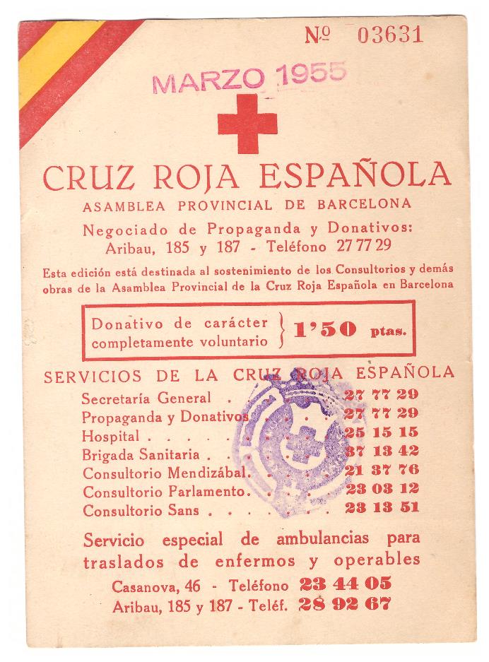 San Roque. Cruz Roja Española. Barcelona 1955. Tarjeta Donativo
