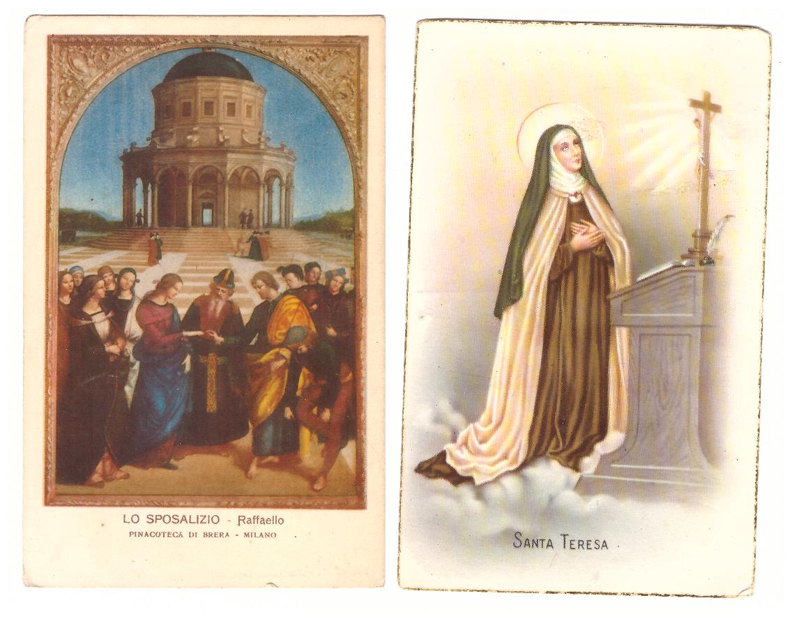 Lote de 2 Postales: Lo Sposalizio de Rafael. y Santa Teresa, Fechado en Figueras en 1956
