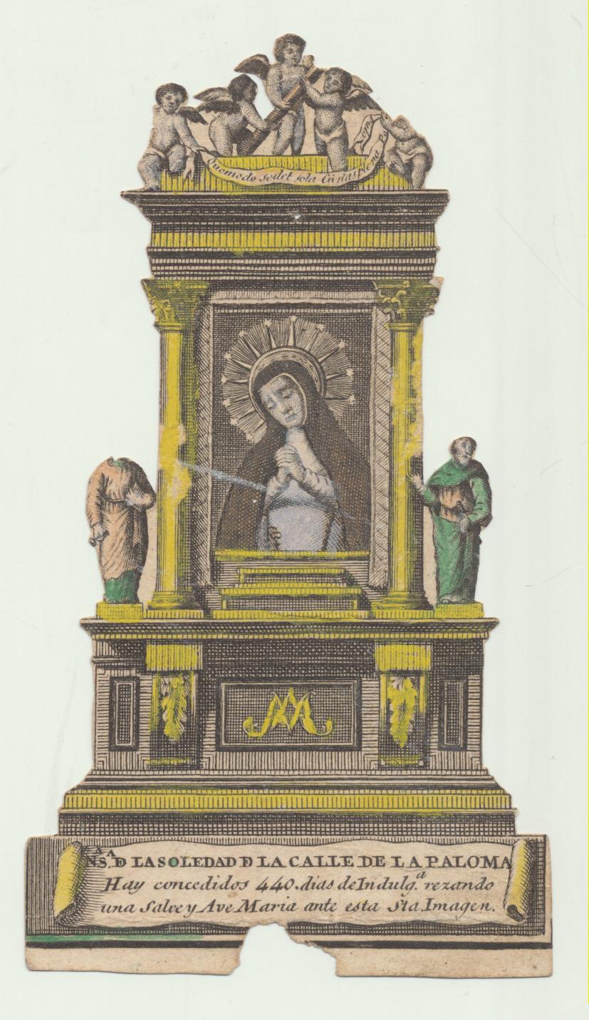 Estampa (11x5,5) Nª Sª de la Soledad de la Calle de La Paloma. Siglo XVII-XVIII. Madrid. (Torrelodones?) coloreada a mano