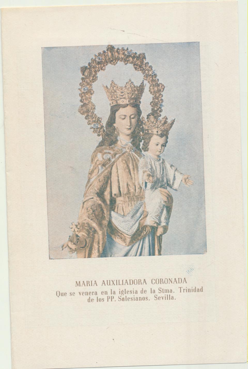 María Auxiliadora Coronada. Iglesia Stma. Trinidad. Sevilla (12 cms) doble hoja con Calendario Salesiano 1956