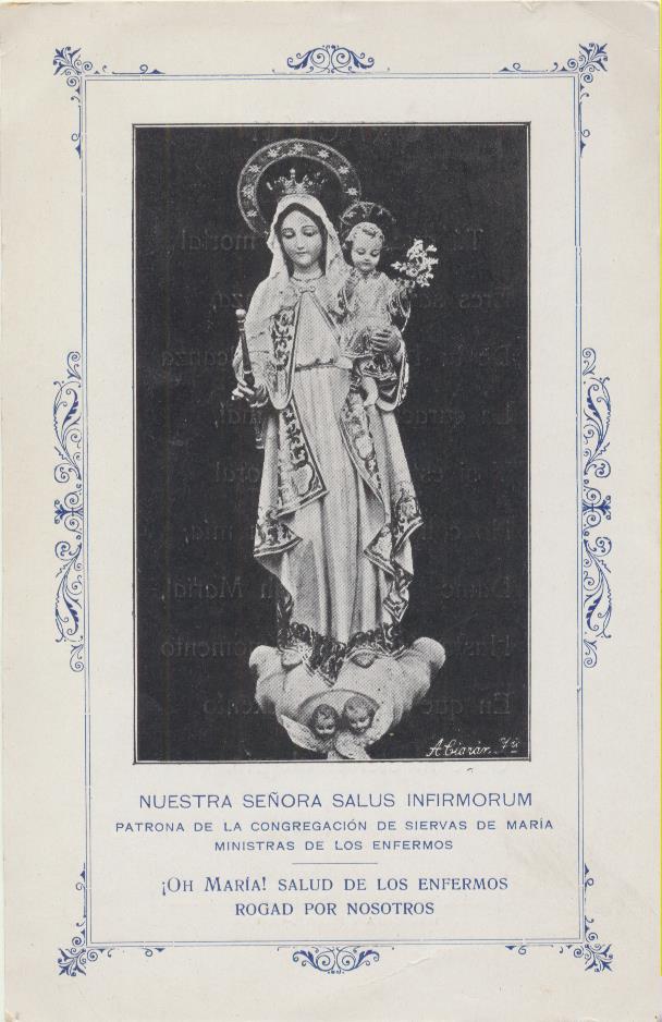 Estampa (16x10) Nuestra Señora de la Salud. Patrona de la Congregación de Siervas de maría. Sevilla años 20