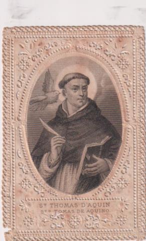 Estampa de Puntilla. (7,5x5) Francesa. Santo Tomás de Aquino. Siglo XIX. Oración en dorso en español