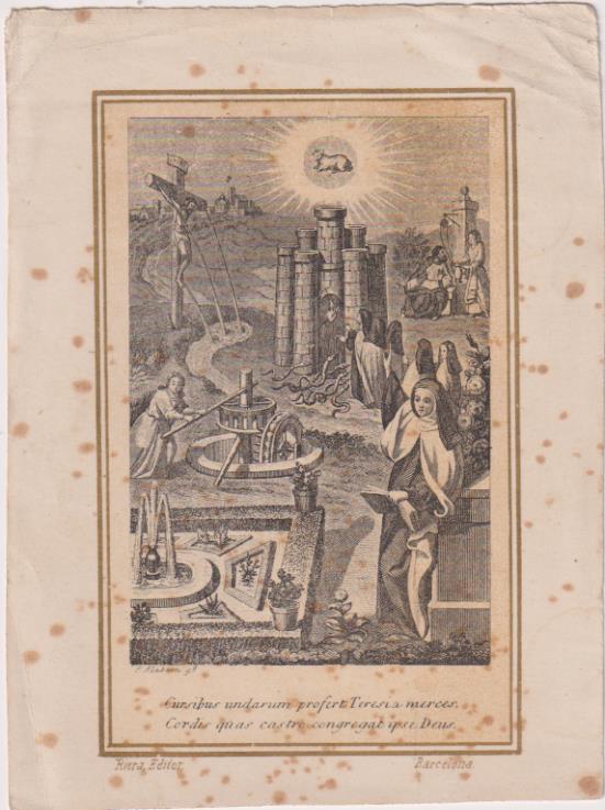 Santa Teresa y su Místico jardín. Grabado (13x9,5) p.p. Siglo XIX