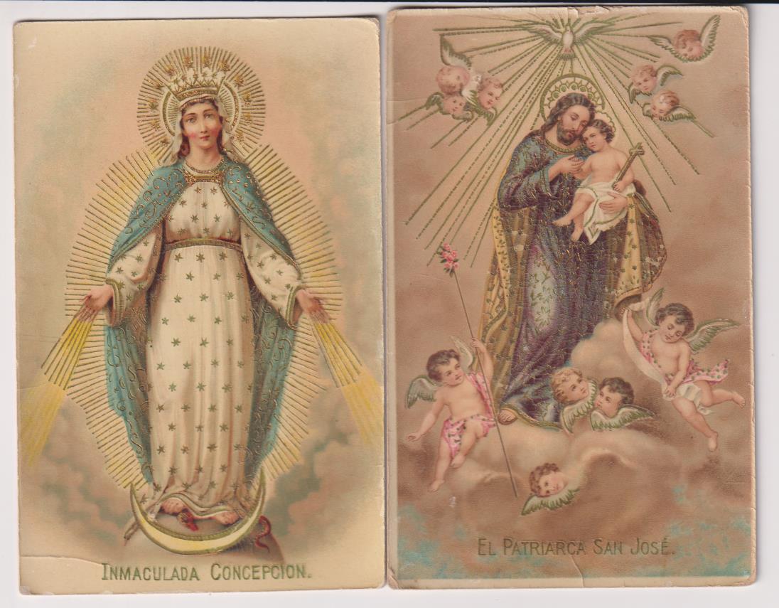 Lote de 2 Postales: Inmaculada Concepción y El Patriarca San José. Brillos. Fechadas en 1914
