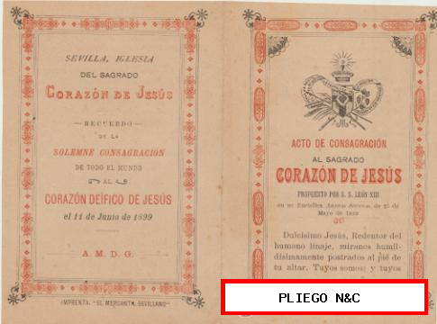 Acto de Consagración al Sagrado Corazón de Jesús. Iglesia del S.C. de Jesús. 1899. Doble hoja 13x8,5