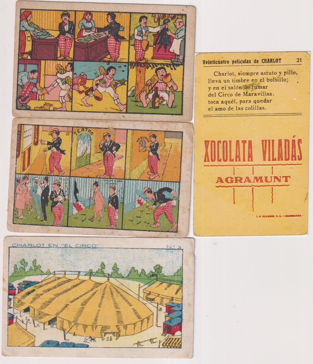 Lote de 3 Cromos (10x6 y 10,5 x6,5 cms.) Veinticuatro Películas de Charlot nº 5 y 21, Charlot en el circo nº 3